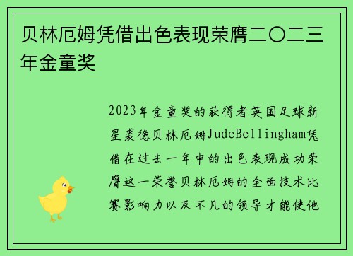 贝林厄姆凭借出色表现荣膺二〇二三年金童奖 贝林厄姆凭借出色表现荣膺二〇二三年金童奖
