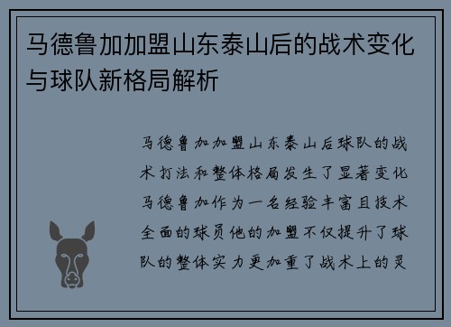 马德鲁加加盟山东泰山后的战术变化与球队新格局解析 马德鲁加加盟山东泰山后的战术变化与球队新格局解析